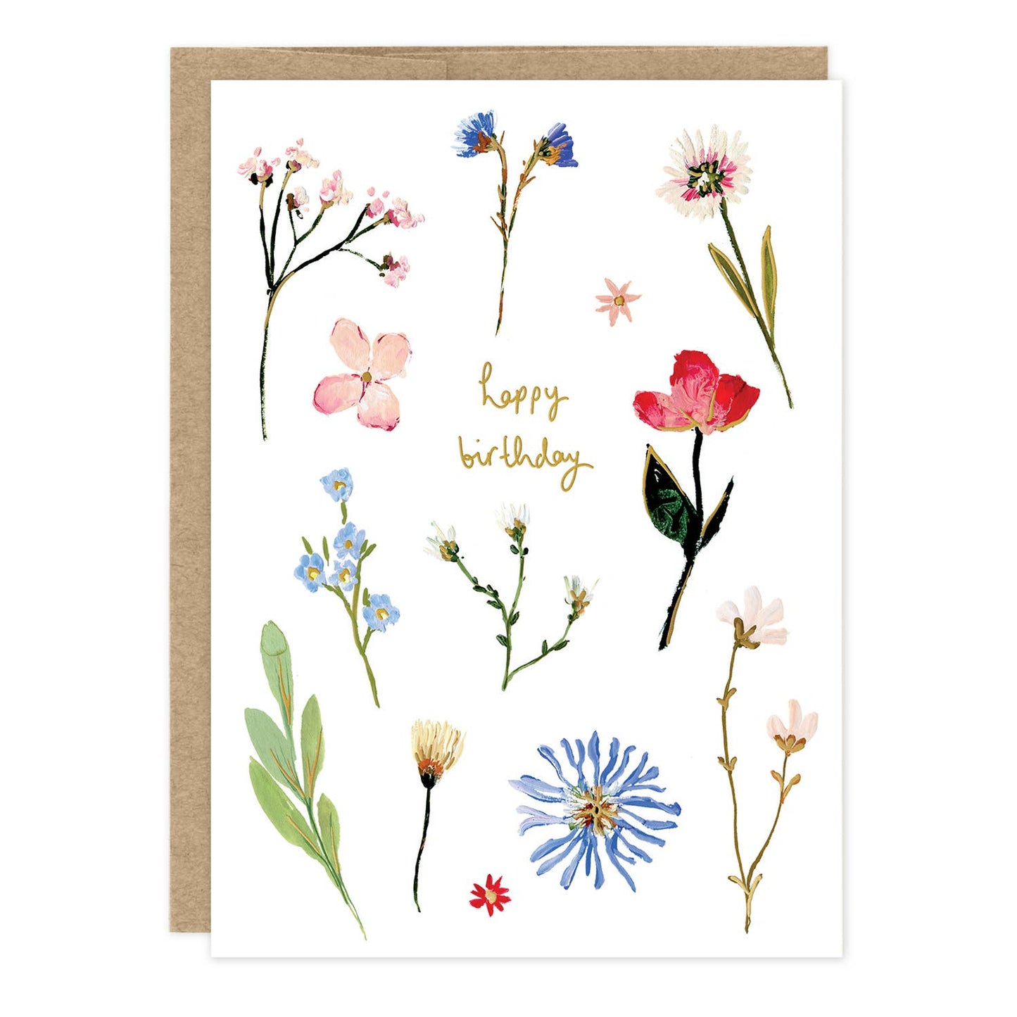 Pressed Flowers Birthday Card by Louise Mulgrew featuring delicate botanical flower illustrations accented with elegant gold foil details.