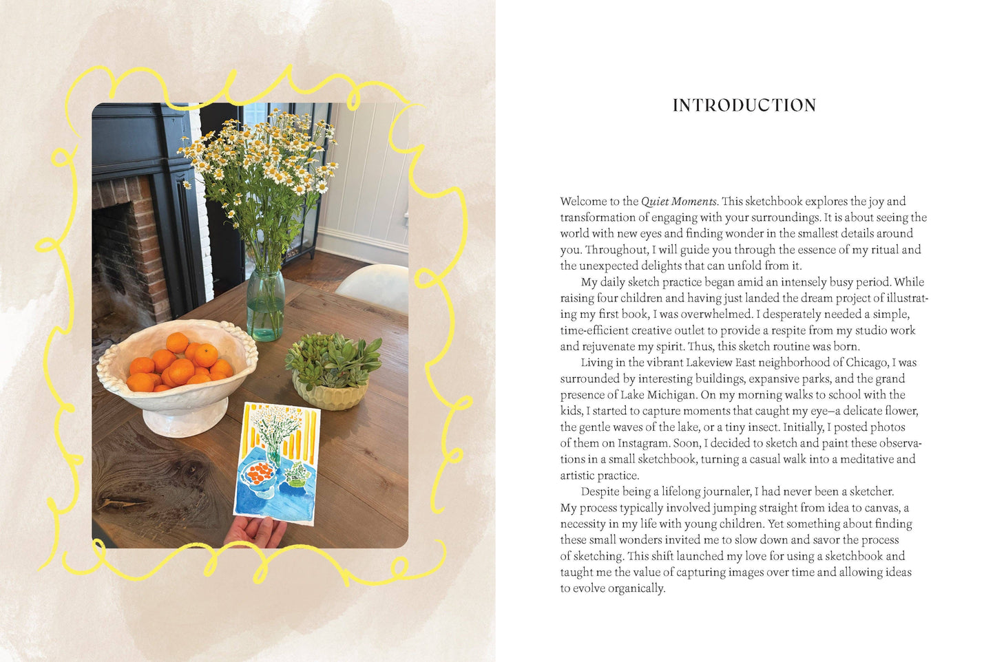 Book page with a photograph of a table setting featuring a bowl of oranges, a vase of flowers, and a book, with text on the right side.