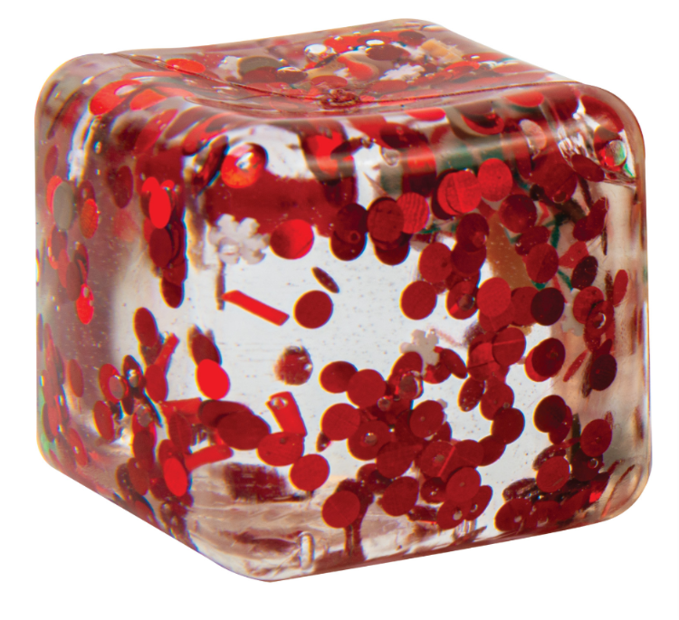 Red Christmas Qube Stress Toy featuring bright red holiday confetti, a festive squishy sensory toy for fidget play, stocking stuffers, and holiday gifting.