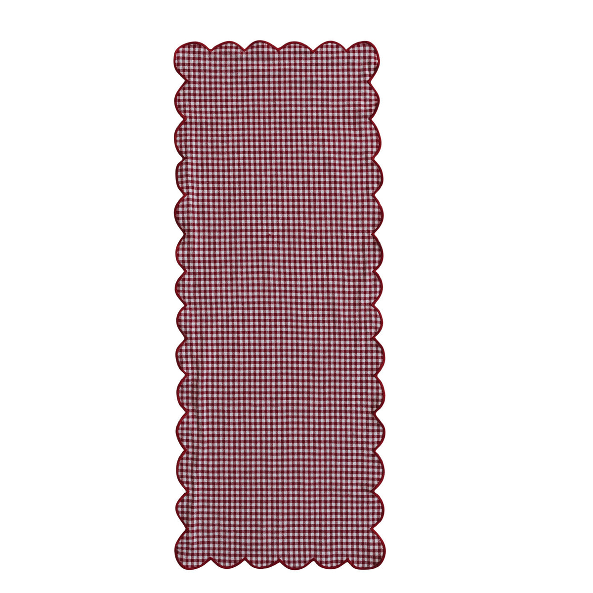 Red gingham woven cotton table runner with contrasting scalloped stitched edge, open view.