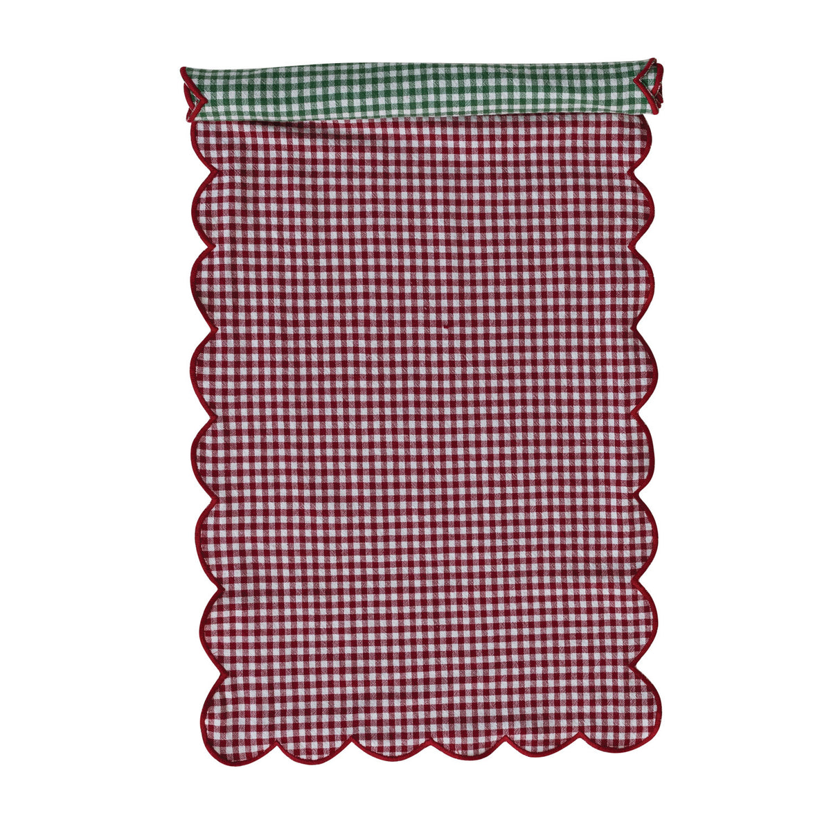 Red striped woven cotton table runner with contrasting scalloped stitched edge.