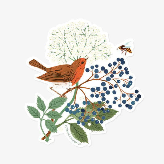 Sticker with a robin, berries, and leaves on a white background