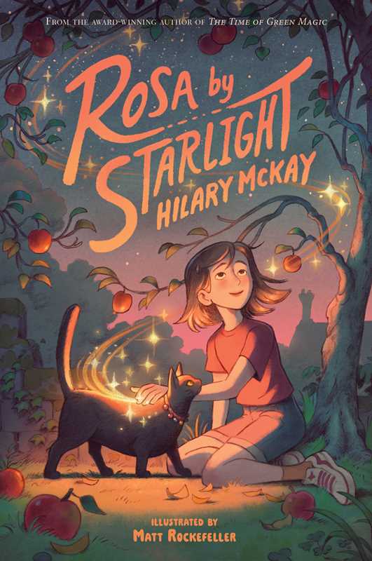 Book cover of 'Rosa by Starlight' by Hilary McKay with a girl and cat in a magical forest.