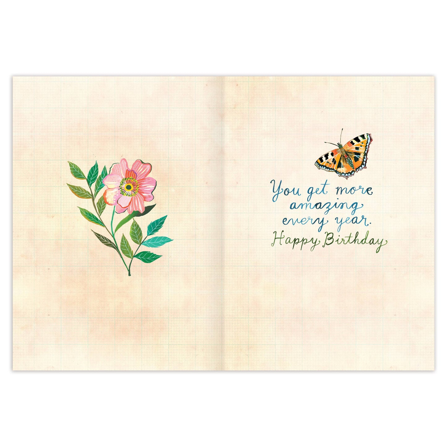 Full-color interior of the Katie Daisy Secret Garden Birthday Card with the message You get more amazing every year. Happy Birthday.