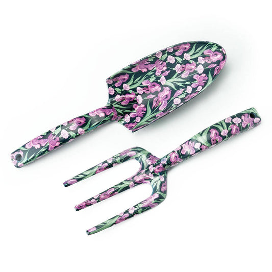 Gardening tools with floral design on a white background
