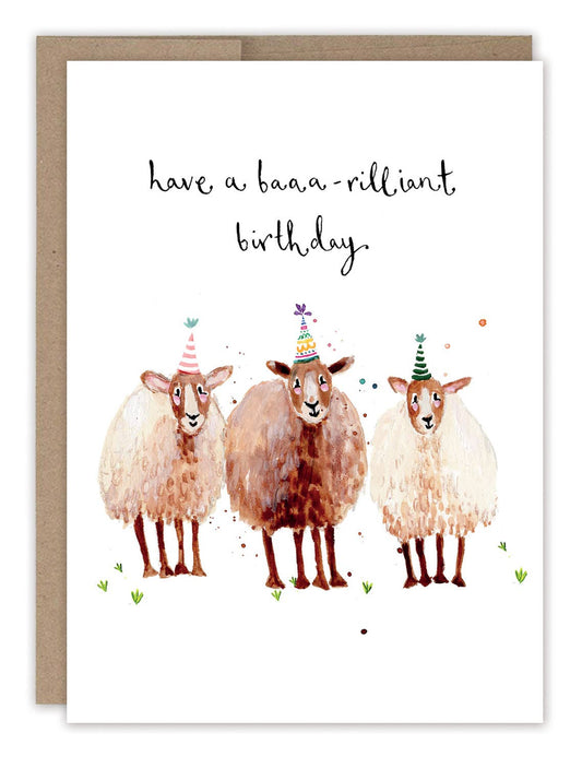 Sheep Baaa-rilliant Birthday Card illustrated by Louise Mulgrew featuring a whimsical sheep design and playful birthday pun.