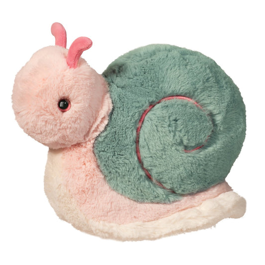 Douglas Toys Shelly Plush Snail with pink body and teal swirl shell, soft stuffed animal toy for children, nurseries, or gift-giving.