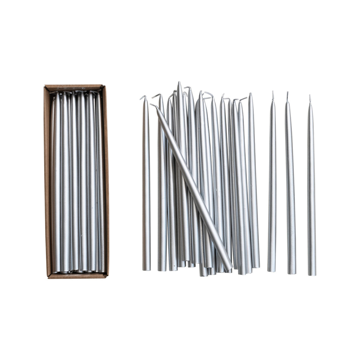 Add elegant candlelight to your holiday décor with this set of 24 silver thin taper candles. Unscented with a 3-hour burn time, they're perfect for Christmas tablescapes and festive entertaining.