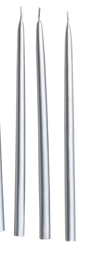 Three silver taper candles standing vertically against a plain white background.
