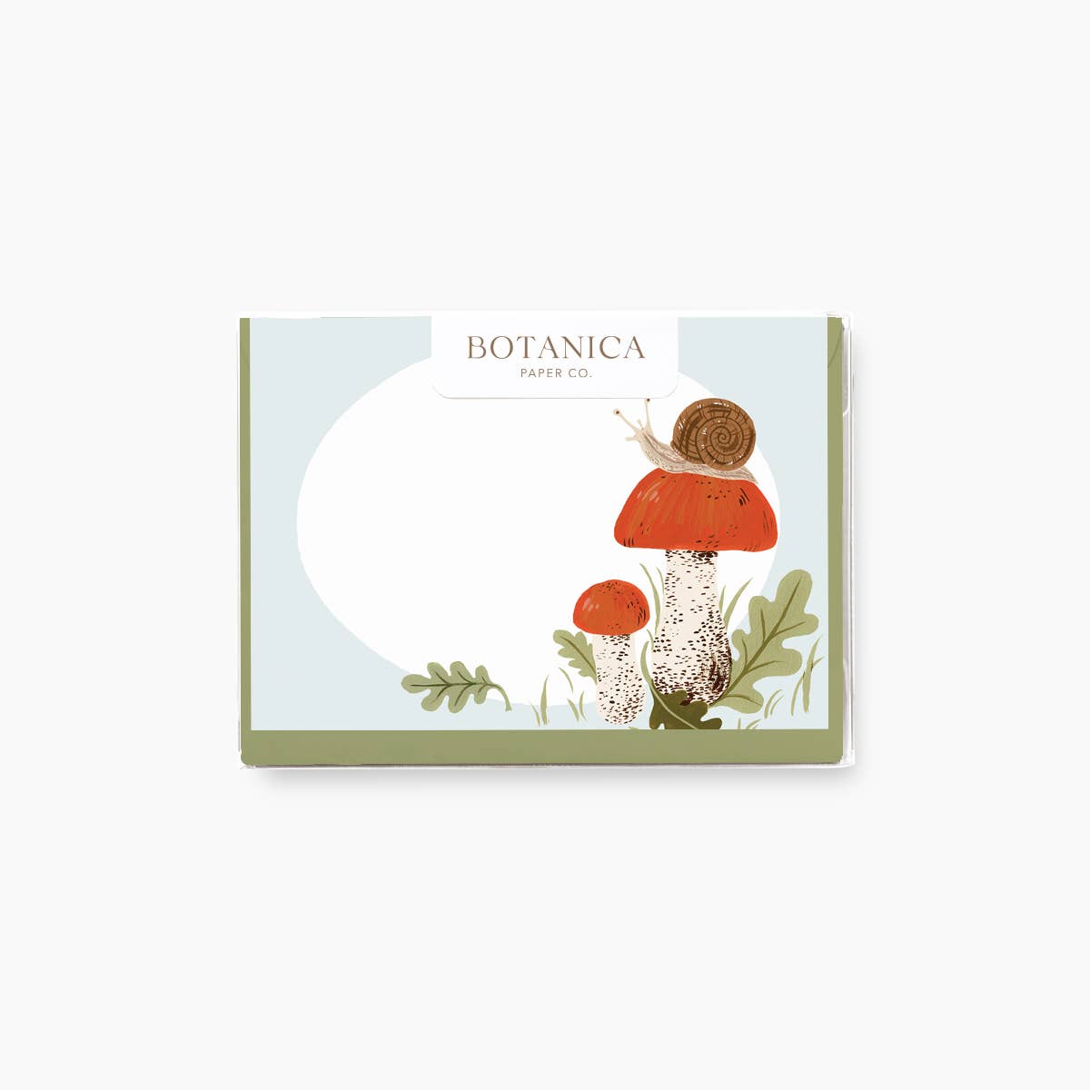 Pack of cards with mushroom design and 'Botanica Paper Co.' branding on a white background