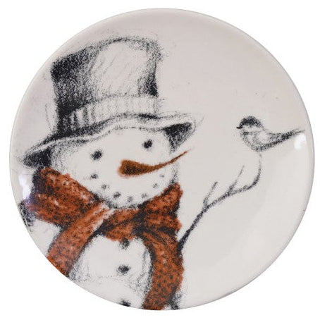 round trinket dish with snowman designs on a white background
