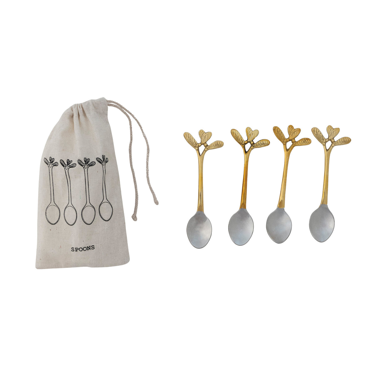 Set of four stainless steel coffee spoons with brass botanical leaf handles beside a printed drawstring storage bag.