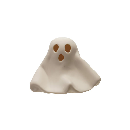 Add cozy Halloween charm with this stoneware LED light-up ghost figurine featuring cut-out details and a soft glowing light. Batteries included.