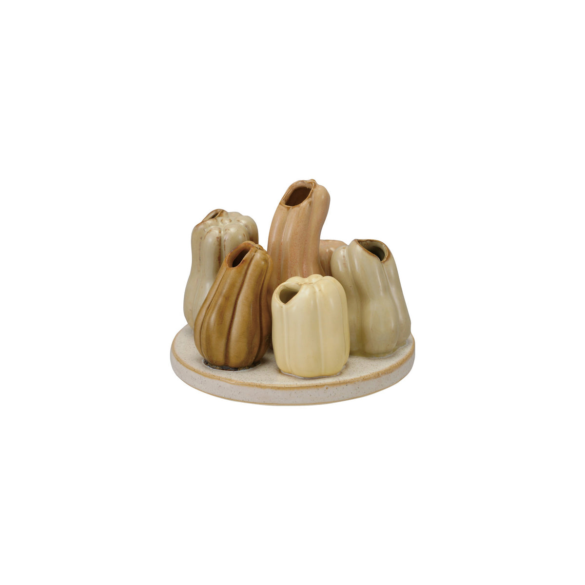 Group of ceramic pumpkin bud vases on a white background