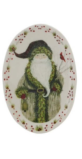 Stoneware Christmas plate featuring Santa with a cardinal and a red berry and greenery border.