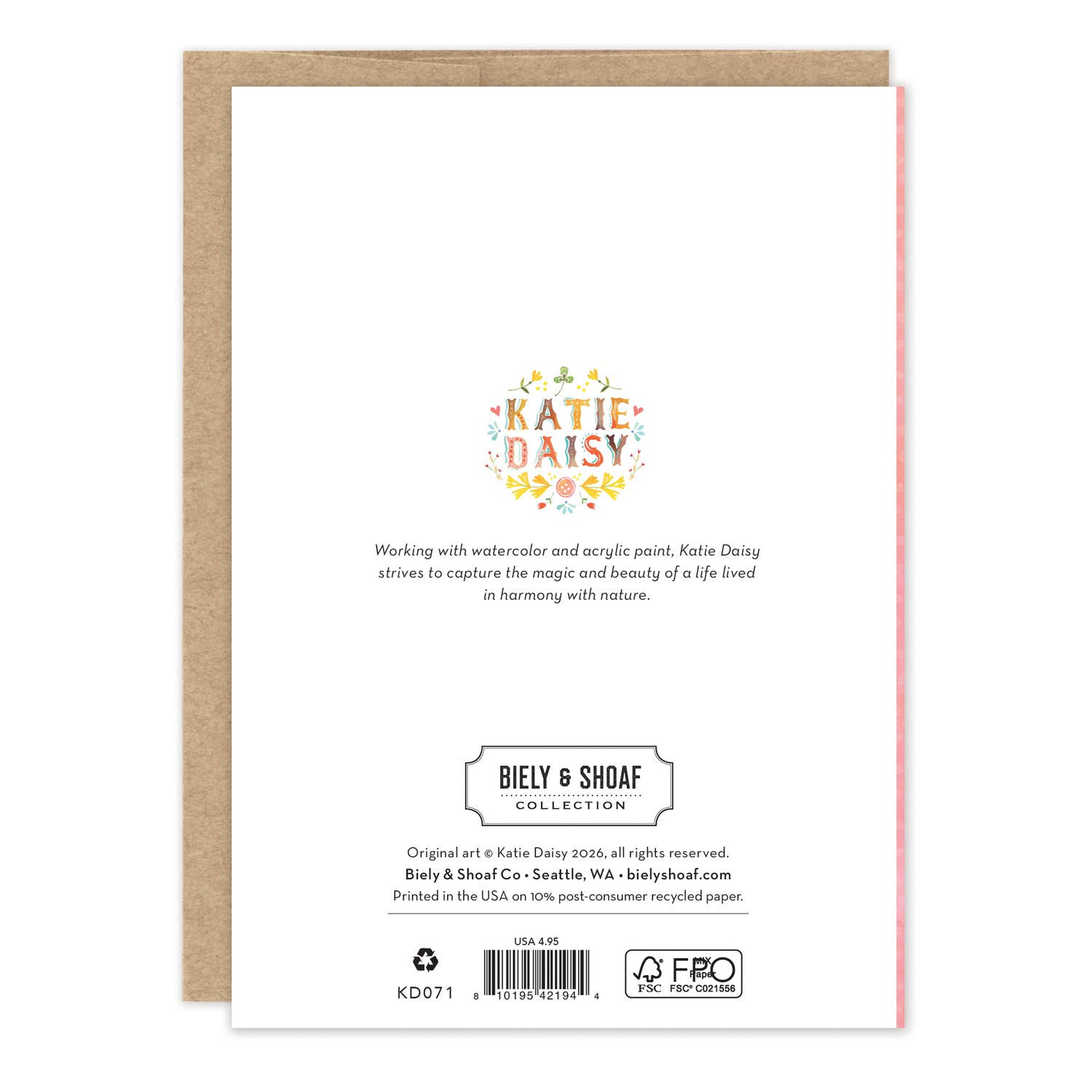 Back of a greeting card with 'Katie Daisy' branding and product details.