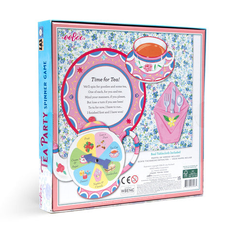 The product packaging for the 'Tea Party Spinner Game'. The box features a colorful floral design with illustrations of a teacup, teapot, pink napkin, and a spinner wheel, along with product details and age appropriateness information.