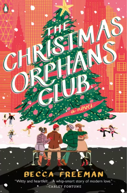 Book cover for 'The Christmas Orphans Club' by Becca Freeman, featuring a large illustrated Christmas tree, four children sitting on a bench in the snow, and a pink city skyline in the background.