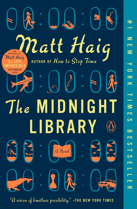 Book cover of 'The Midnight Library' by Matt Haig with blue background and orange and white text.