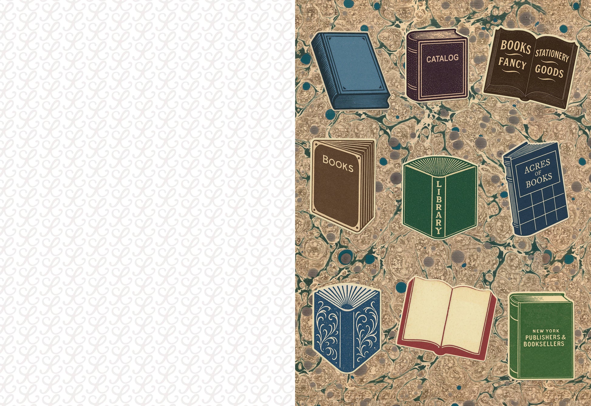 Pattern of vintage book illustrations on a textured background
