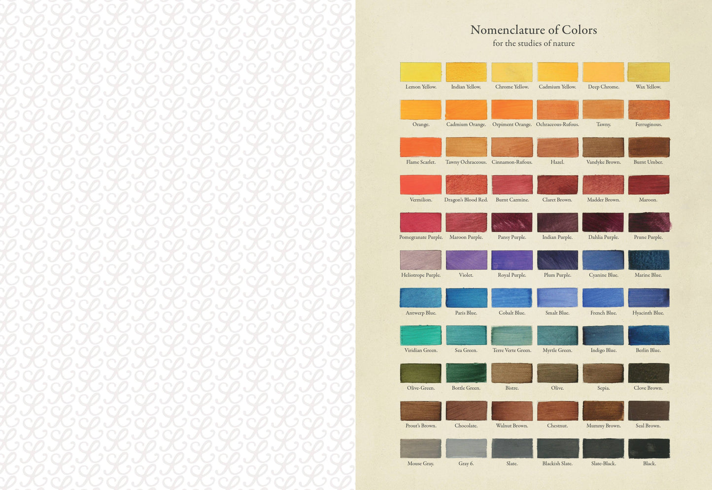 Color swatch chart on a textured beige background