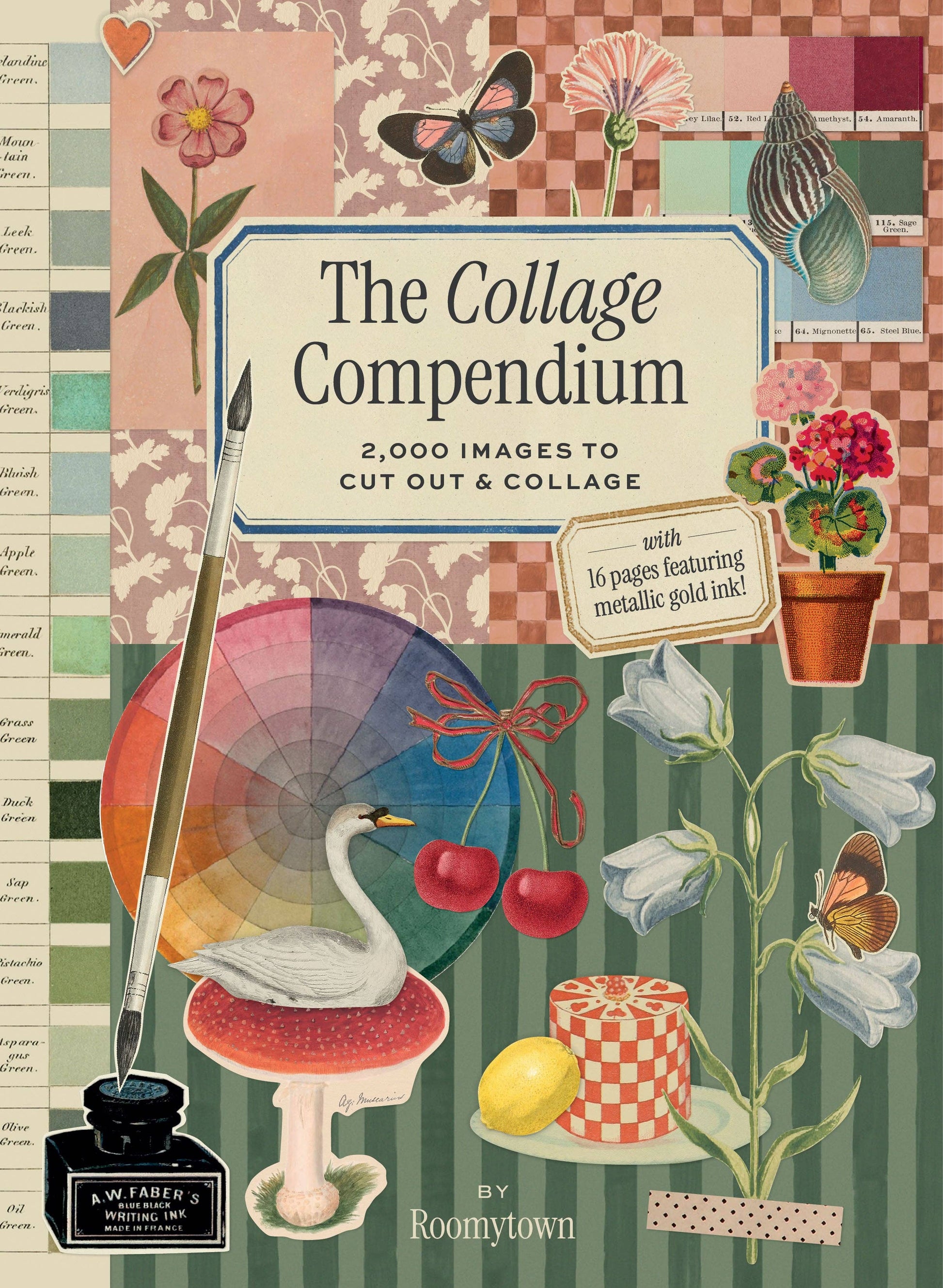 Collage book cover with vintage-style illustrations and text 'The Collage Compendium' by Roomytown.