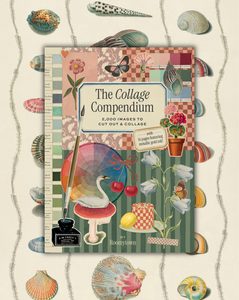 Book titled 'The Collage Compendium' surrounded by decorative elements on a textured background