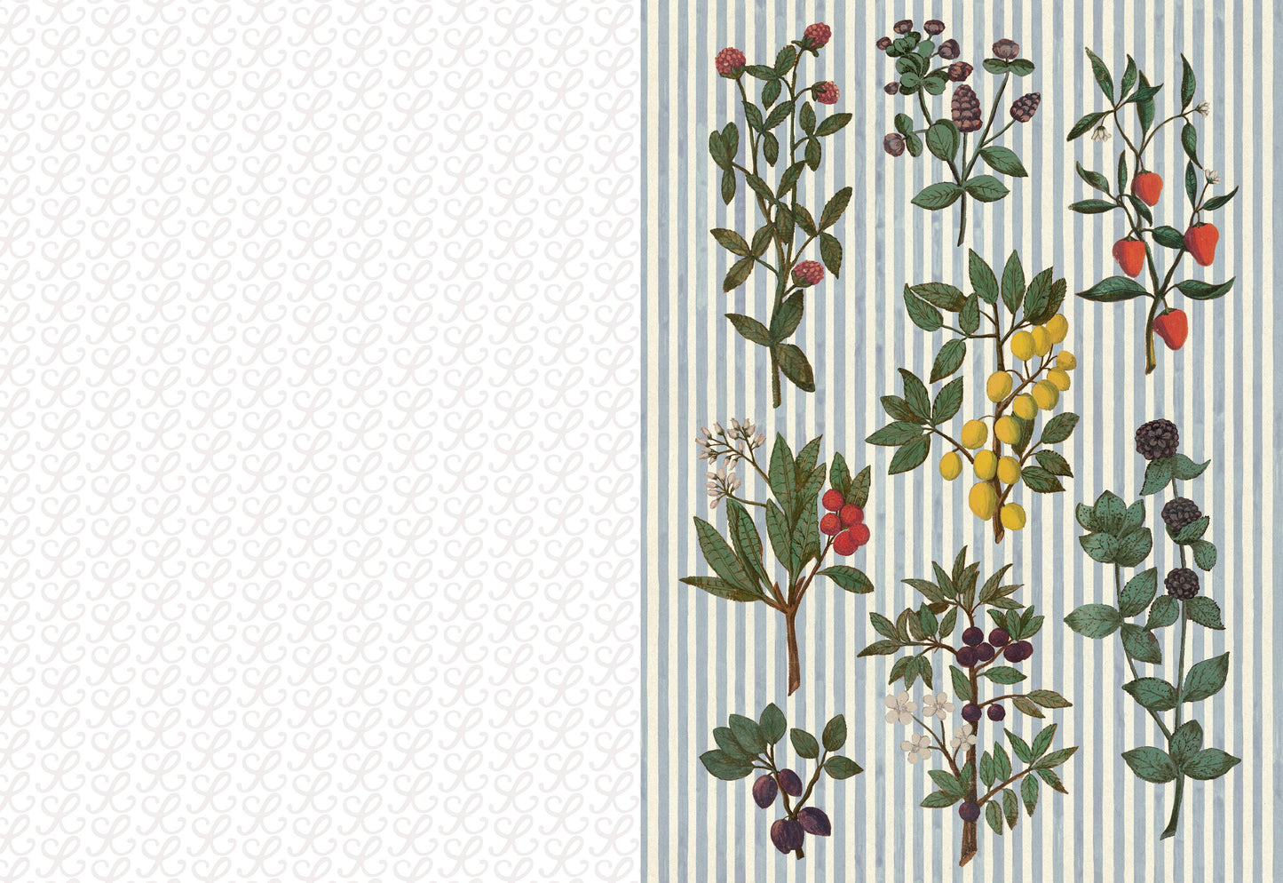 Patterned fabric with botanical design on a striped background