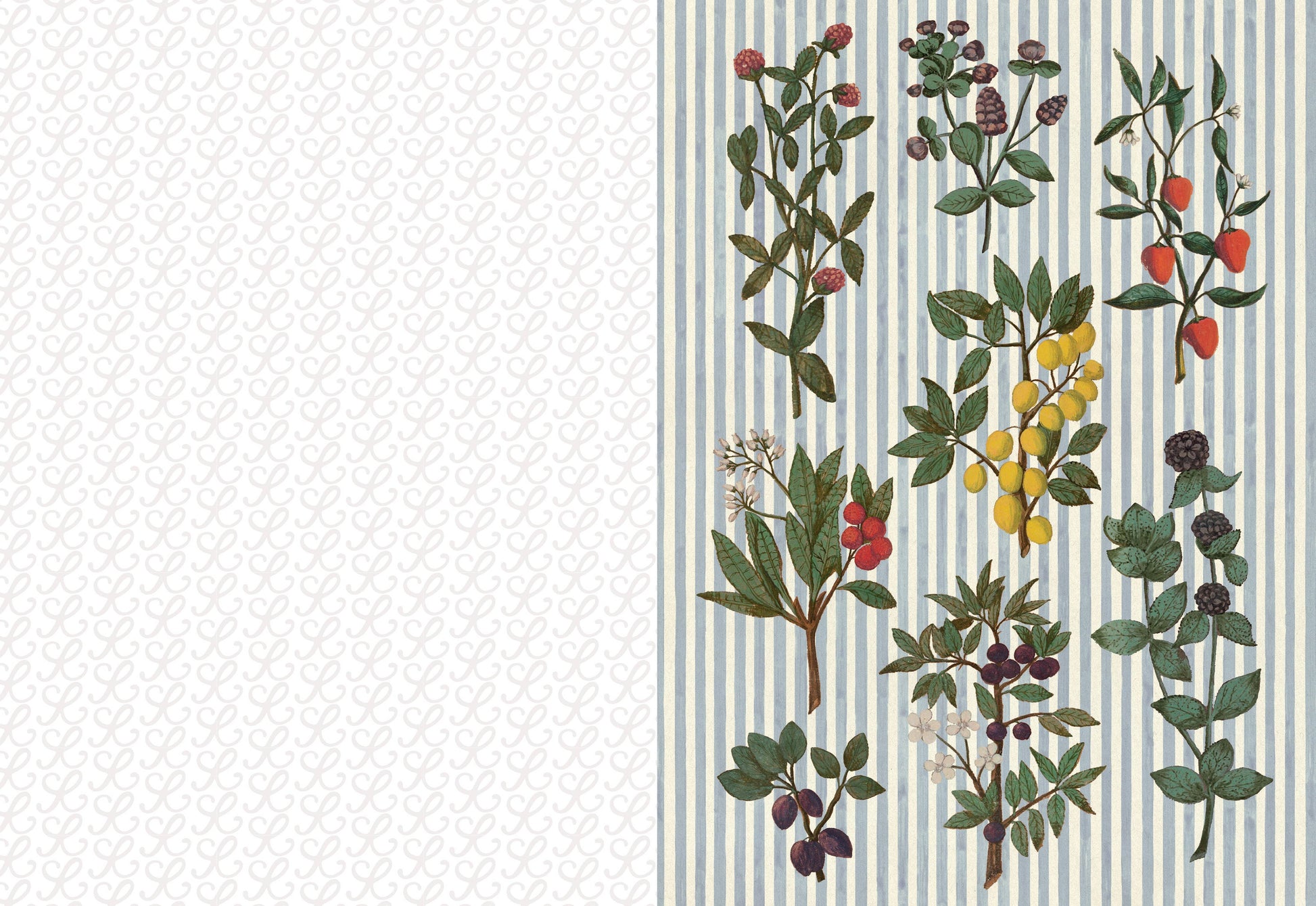 Patterned fabric with botanical design on a striped background
