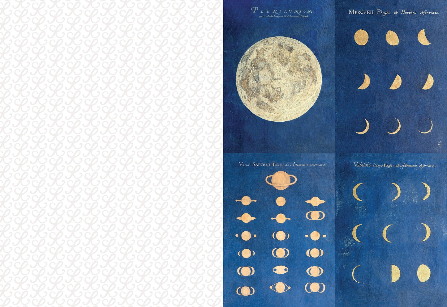 Vintage-style chart of celestial bodies and phases on a blue background