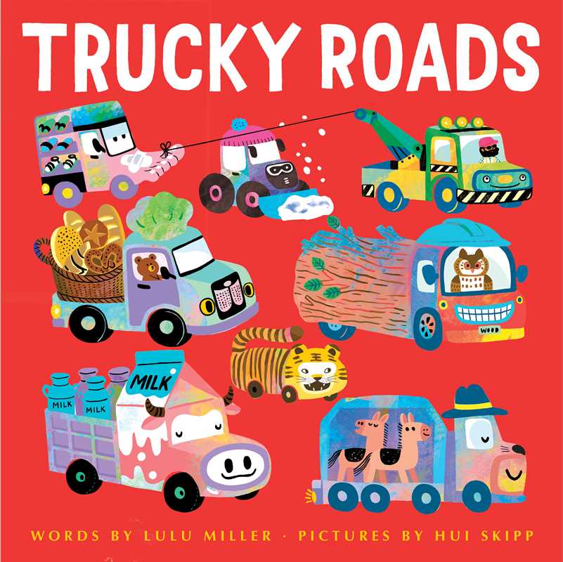 Book cover of 'Trucky Roads' with colorful trucks and animals on a red background