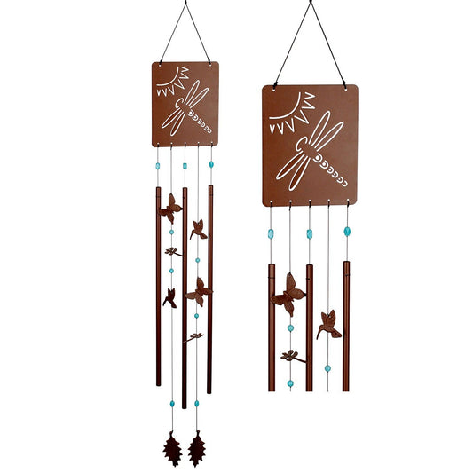 Victorian Garden Chime with rust finish, turquoise beads, and cast metal clappers shaped like butterflies, dragonflies, and hummingbirds.
