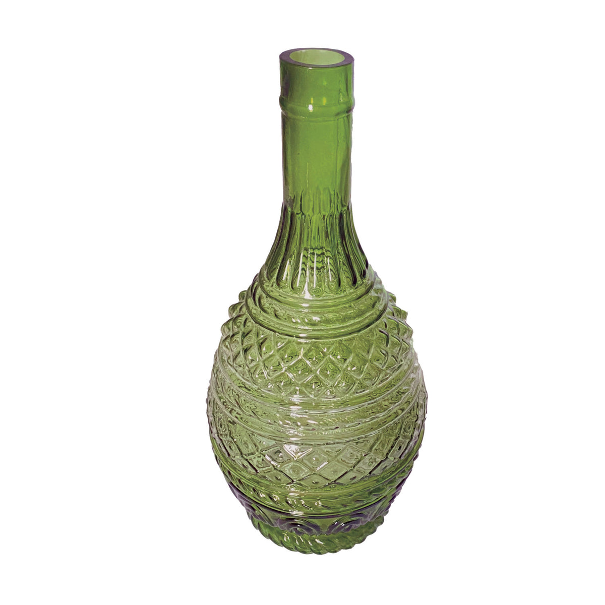 A green cut-glass vase with a textured, diamond-patterned body and a narrow neck, shown on a plain white background.