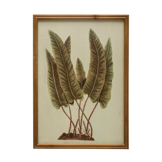 Whispering Leaves Botanical Wall Art featuring elegant white and green botanical leaves beneath glass in a natural wood frame for farmhouse, cottage, and botanical-inspired home décor.