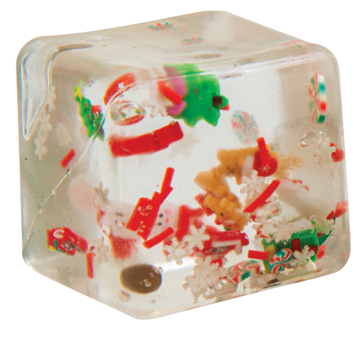 Christmas Qube Stress Toy filled with festive holiday confetti, a soft squishy sensory fidget toy perfect for Christmas stockings, party favors, and seasonal fun.
