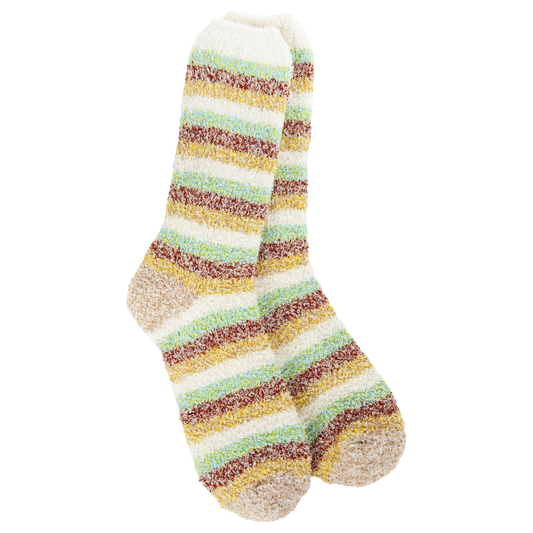 Women’s Cozy Garden Stripe Crew Socks featuring colorful lightweight stripes for everyday wear at home or with garden and rain boots.