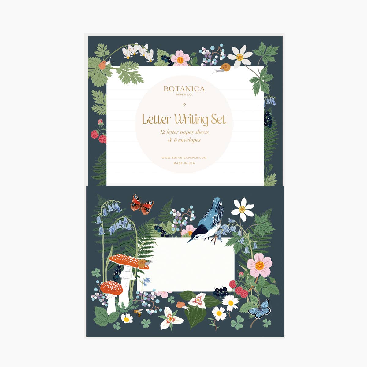 Letter writing set with botanical design on a white background