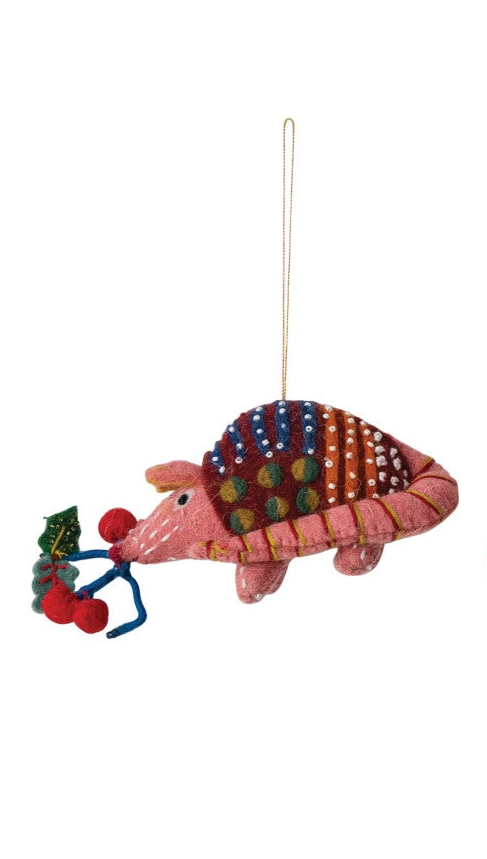 Embroidered wool felt armadillo ornament with colorful beaded details and hanging loop.