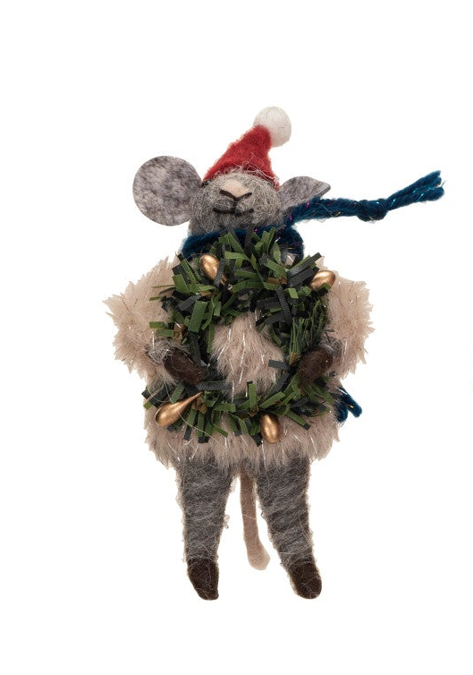 A festive felt mouse ornament wearing a red Santa hat, blue scarf, and a wreath.