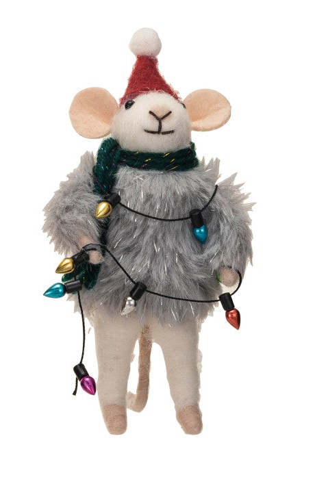 Grey wool felt Christmas mice wearing Santa hats and fluffy faux fur sweaters decorated with holiday lights.