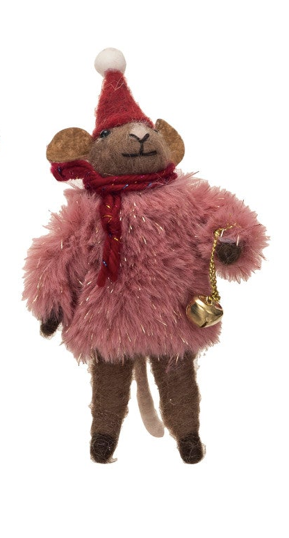 Pink wool felt Christmas mouse wearing Santa hats and fluffy faux fur sweaters decorated with a bell.