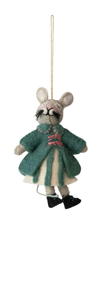 Handmade wool felt Christmas mouse ornament dressed in a blue winter coat with embroidered and beaded details.
