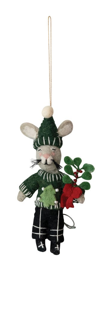 Handmade wool felt Christmas mouse ornament wearing a green winter hat and colorful cold-weather clothing.