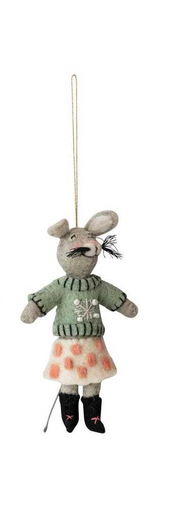 Handmade wool felt Christmas mouse ornament dressed in a green sweater with embroidered and beaded details.