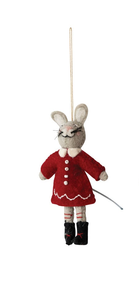 Handmade wool felt Christmas mouse ornament dressed in a red winter coat with embroidered and beaded details.