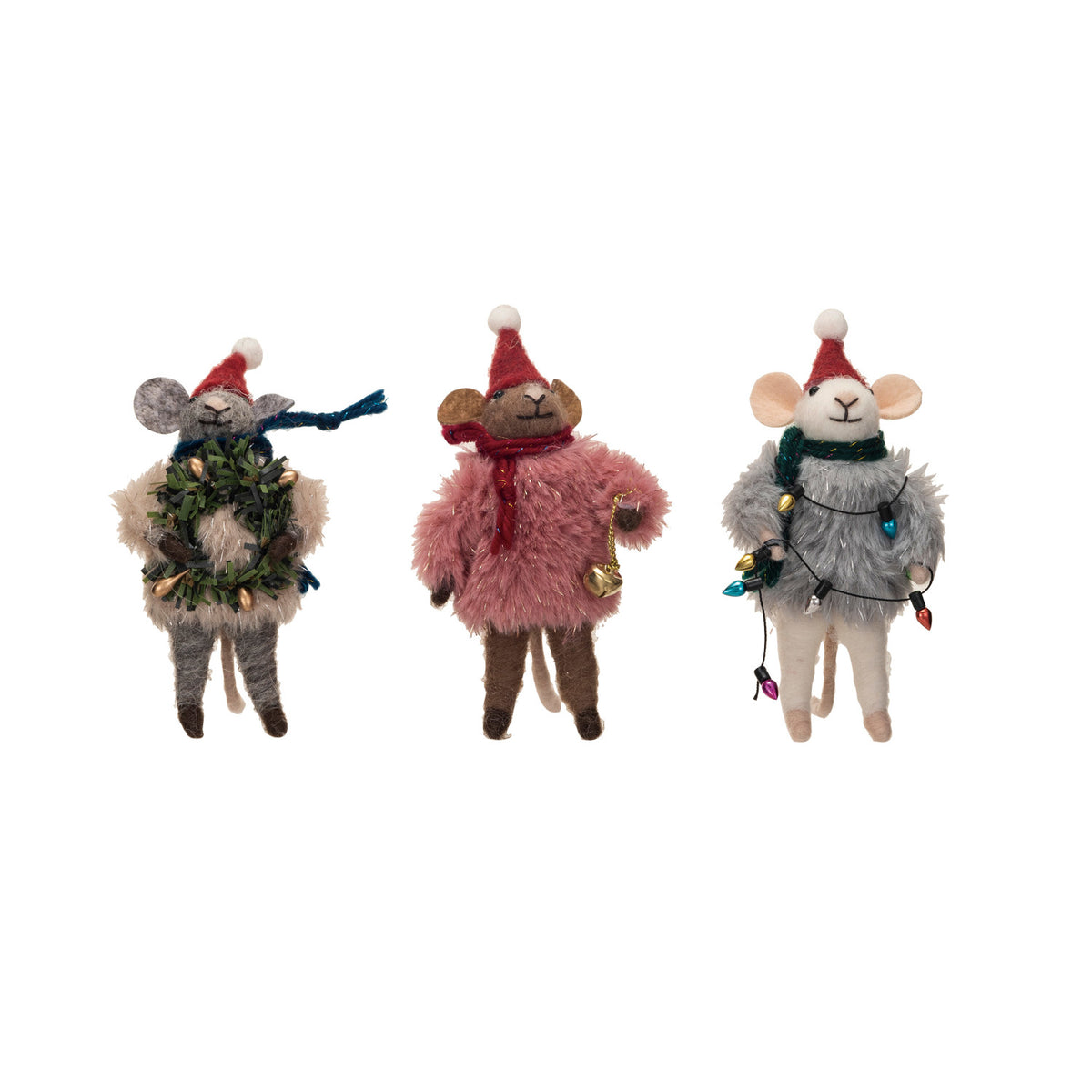 Three decorative mouse figurines with festive attire on a white background