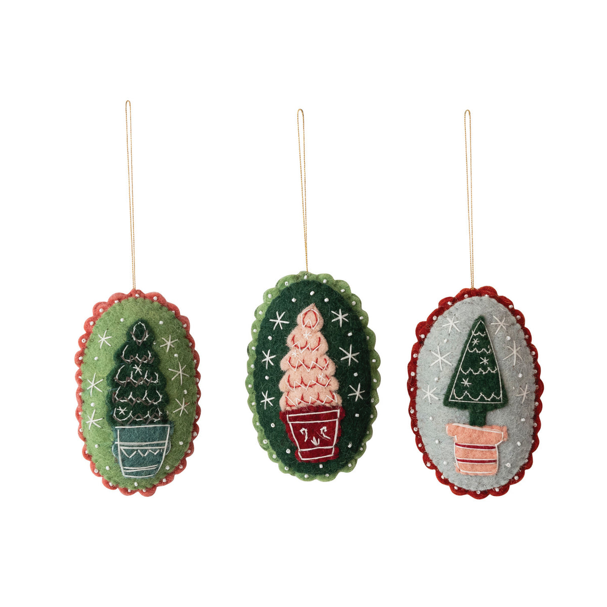 Three oval wool felt Christmas tree ornaments with embroidered trees in blue, red, and pink flowerpots, finished with beads and scalloped trimming.