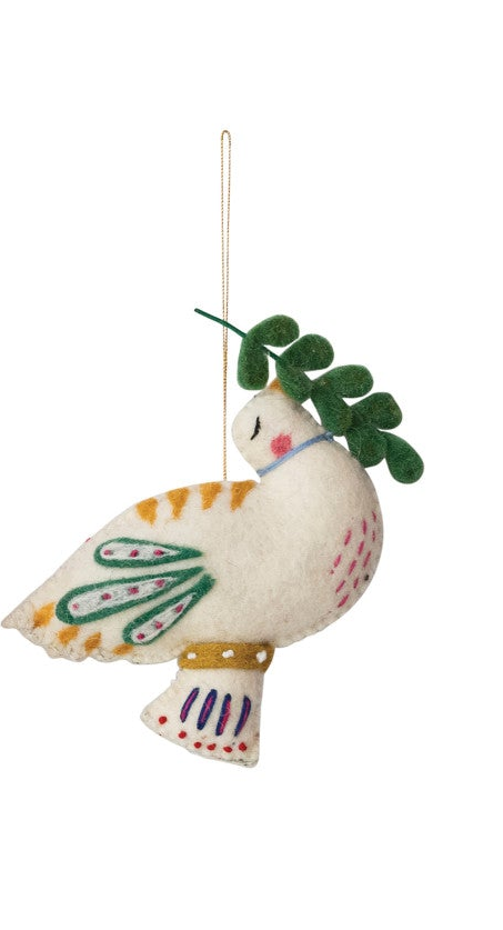 Embroidered wool felt dove ornament with colorful stitched details, beadwork, and hanging loop.