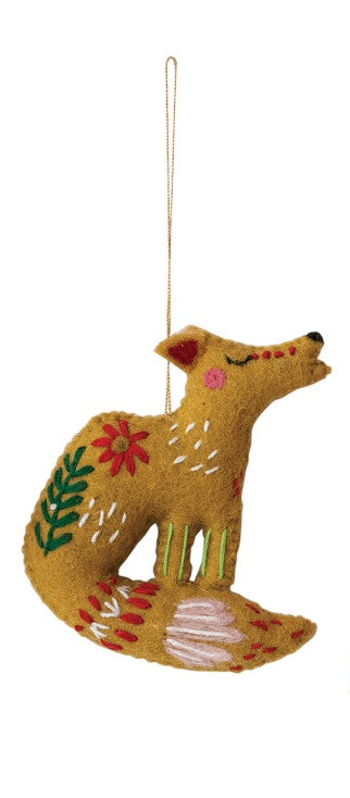 Embroidered wool felt fox ornament with curled tail, colorful stitching, beads, and hanging loop.