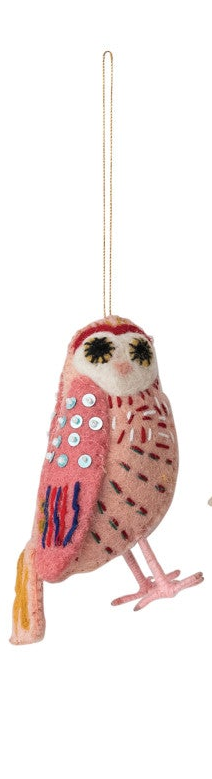 Embroidered wool felt owl ornament with colorful stitched and beaded details.